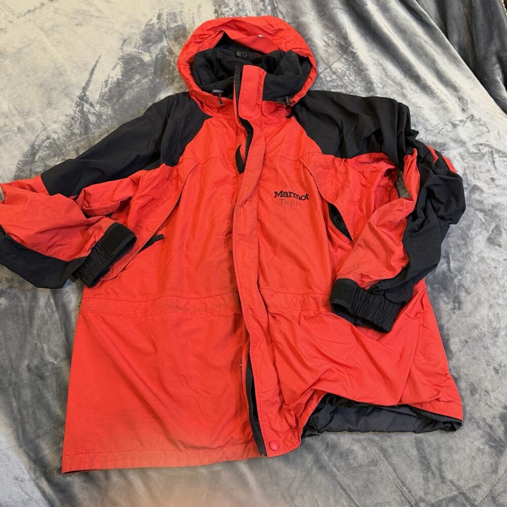 Vtg Marmot Mountain Jacket Men XL Red Black Shell Waterproof Gorpcore Flaws